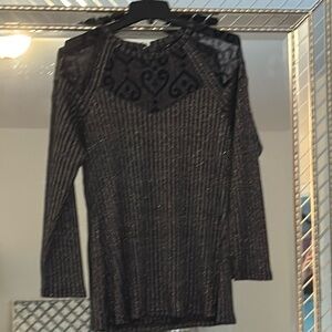Elegant Black Long Sleeve Top with Lace Detail. Party blouse.